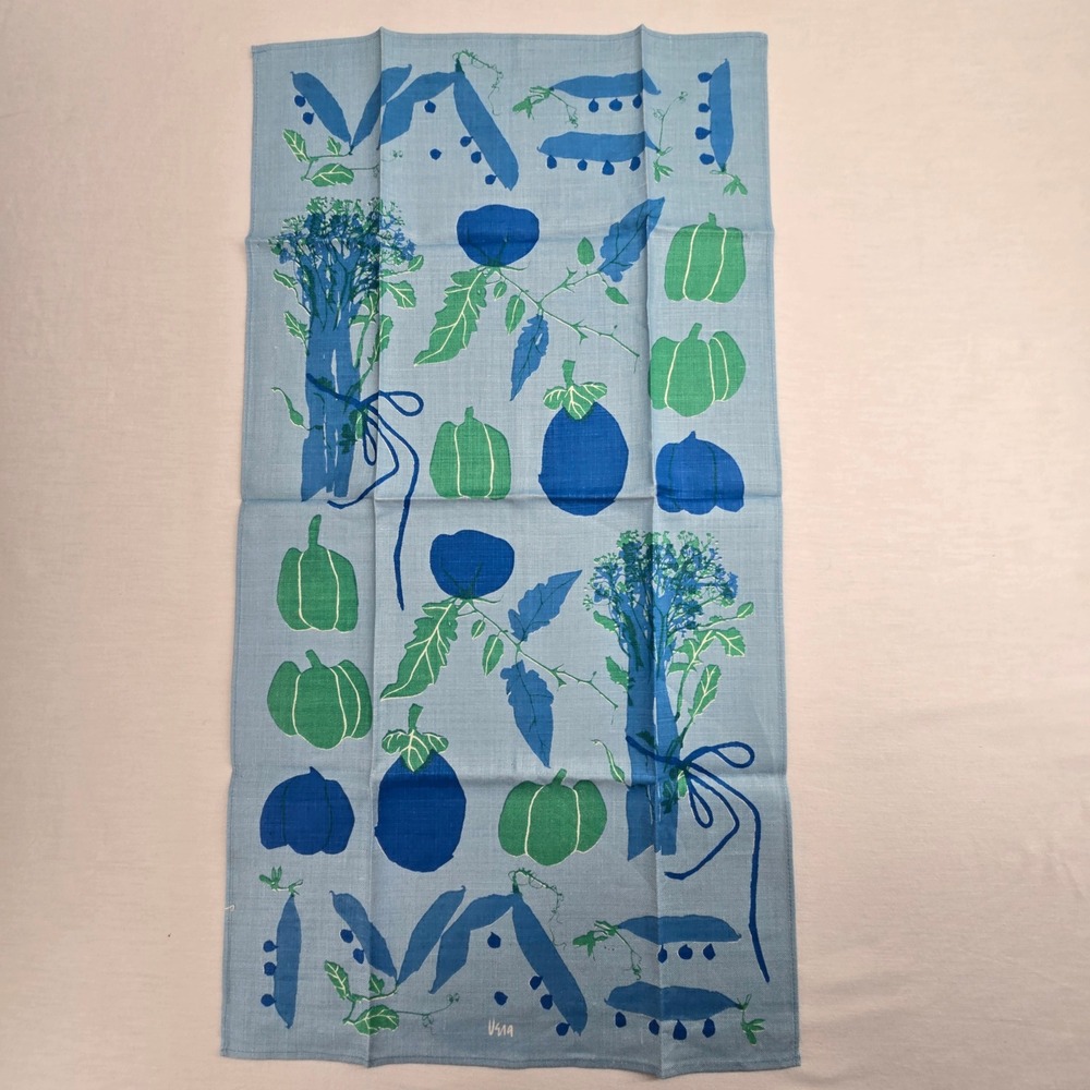 Vintage Vera Neumann Linen Tea Towel Vegetables Blue Green MCM Signed NOS